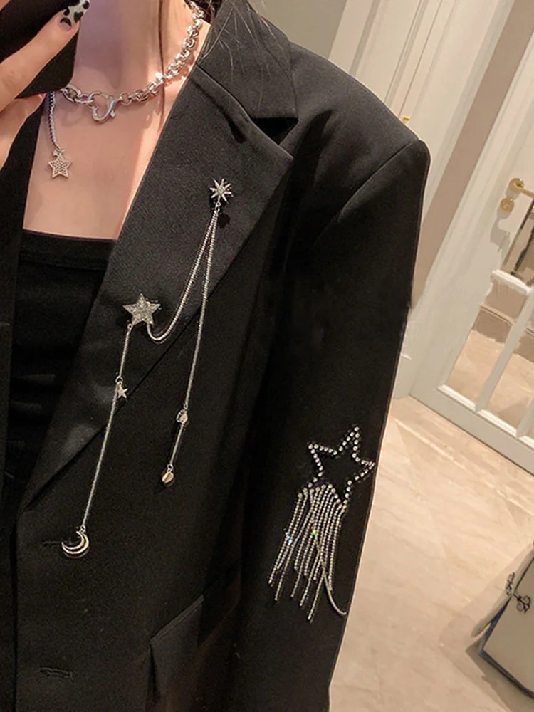 UCXQ Elegant Diamond Sequin Star Tassel Spliced Blazer Jacket For Women 2023 Autumn New Temperament Long Sleeve Female Suit Coat