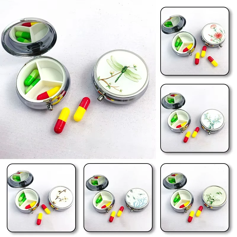 Pattern Box Pill Storage Container Medicine Box Metal Round Flower Print Folding Pill Case Medicine Organizer Pill case