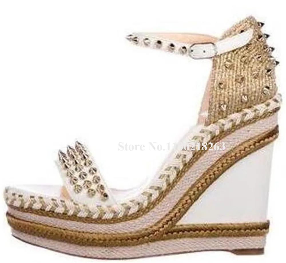 Designer Rivets Wedges Sandals Sexy Open Toe Metal Studs Black Gold Patchwork High Platform Plaited Spikes Wedges Wedding Heels