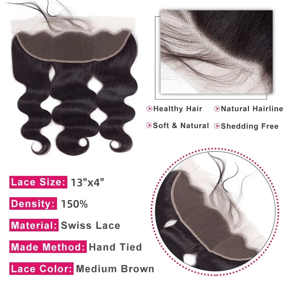 3/4 Remy Body Wave Human Hair Bundles With Frontal Brazilian Transparent Pre Plucked 13x4 Lace Frontal and Bundle 10A Grade Hair