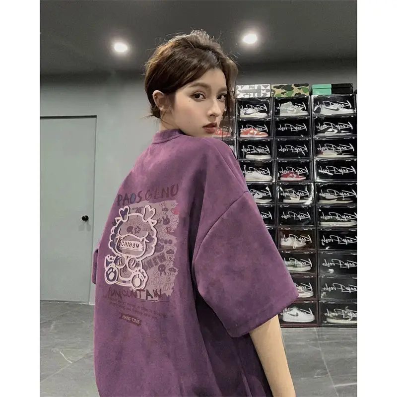 

2024 new suede short-sleeved T-shirts for men and women, summer loose American retro handsome couple short-sleeved y2k tops emo