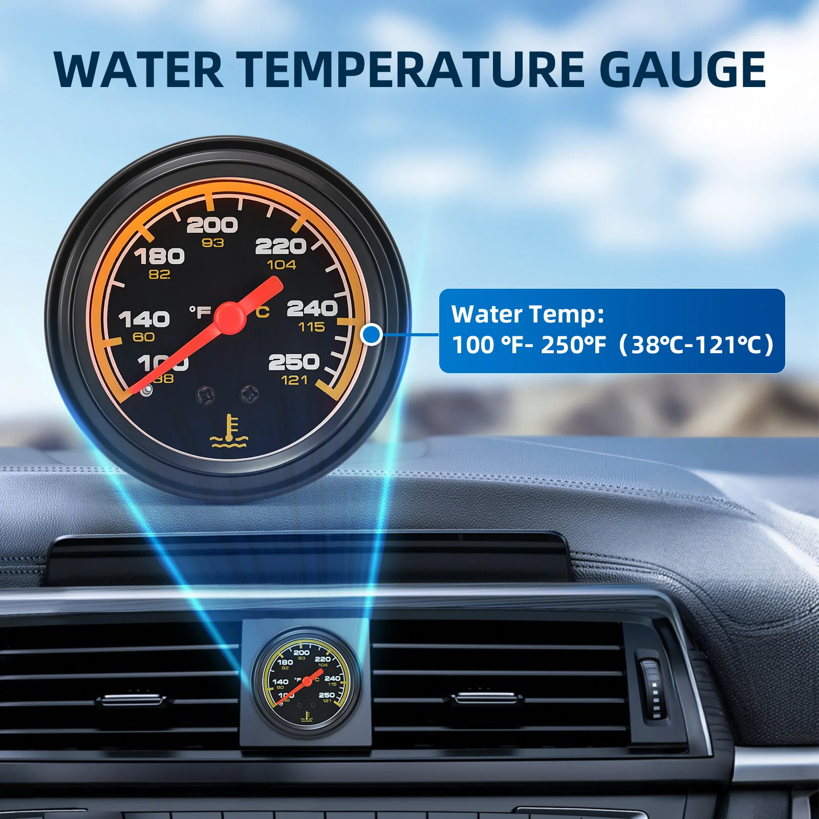 2인치 52mm 12V 수온계 38-121 ° C/100-250 ° F 듀얼 유닛 디지털 자동차 계기판(1/2NPT 수온 센서 포함)