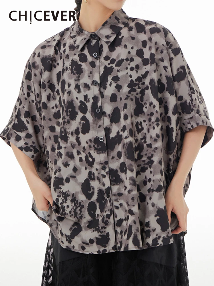 

CHICEVER Animal Print Shirts For Women Lapel Short Sleeve Single Breasted Colorblock Folds Loose Straight Blouse Female Summer