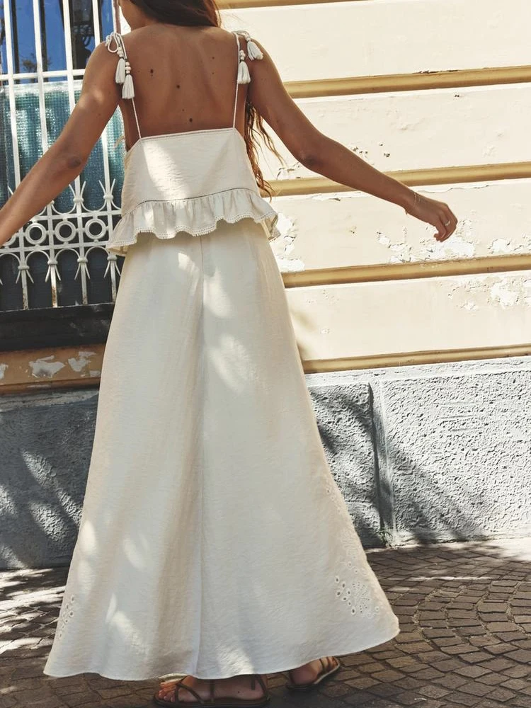 ZABA Women's Chinese Style Embroidery Hollow Out Camisole Top +High Waist Mid-Length Skirt Set Sweet Holiday Style Two Piece Set