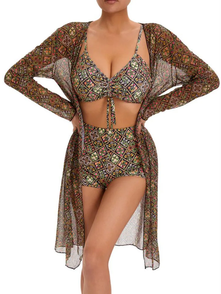 

Комплект бикини с Африканским принтом, купальный костюм с завышенной талией, женская накидка, купальник, бикини с кулиской, кимоно, 3 шт.