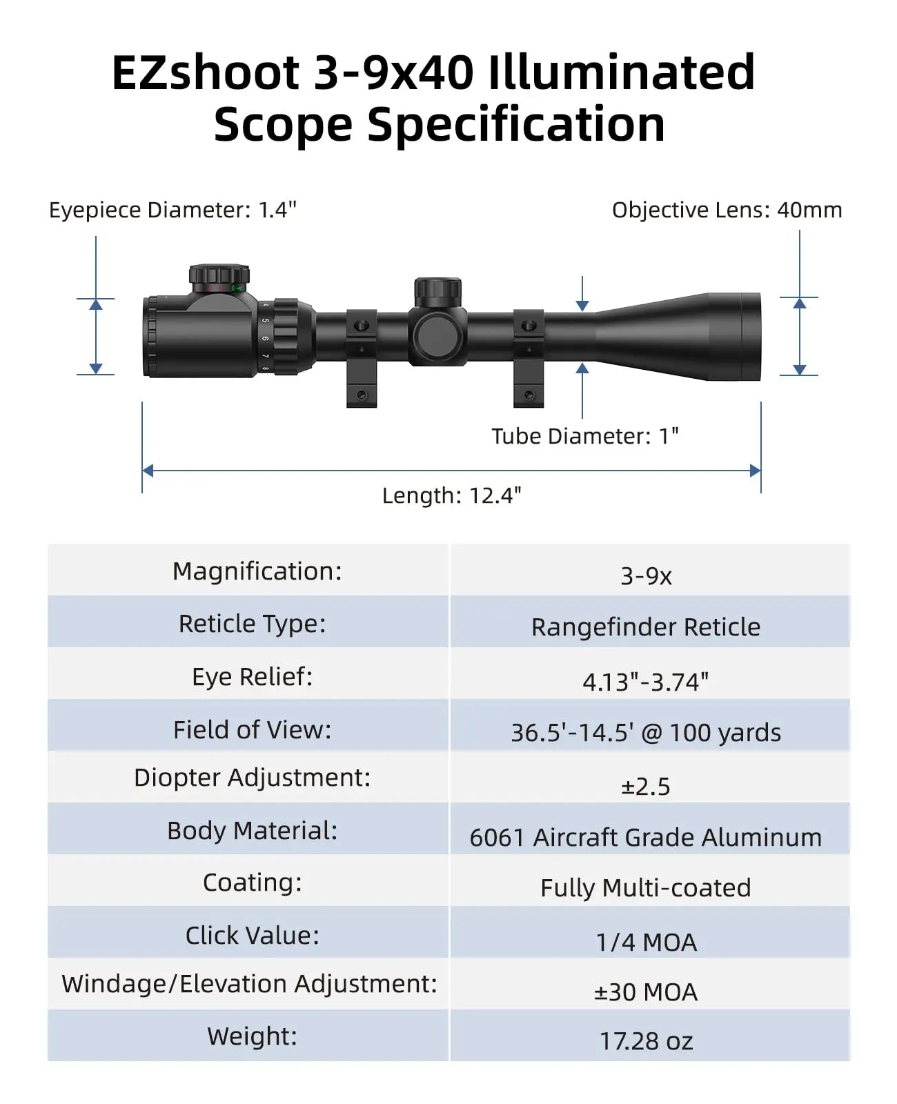 EZshoot 3-9x40 Rifle Scope Red Green Illuminated MOA Airsoft Optical Riflescope with 11mm Dovetail or 20mm Picatinny Rail Mount