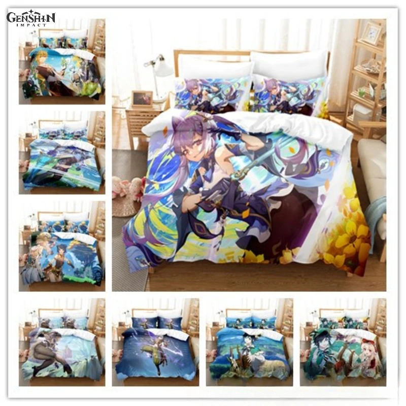 

Genshin Impact Game Peripheral Pillowcase Quilt Cover Anime Klee Keqing Ganyu Kokomi Ayaka Three Piece Set Bedding Birthday Gift