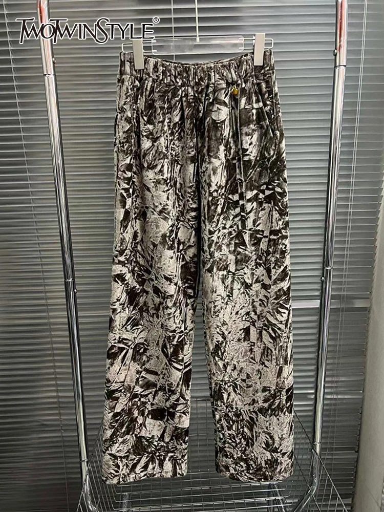 

TWOTWINSTYLE Solid Patchwork Folds Casual Loose Velvet Pants For Women High Waist Minimalist Temperament Wide Leg Pant Female