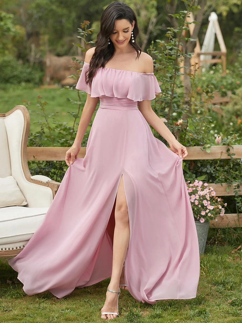 Elegante Avondjurk Vrouwen Off Shoulder Ruffle Dij Split Groothandel Ever Pretty 2023 Van Mauve Chiffon Jurken|Avondjurken| -