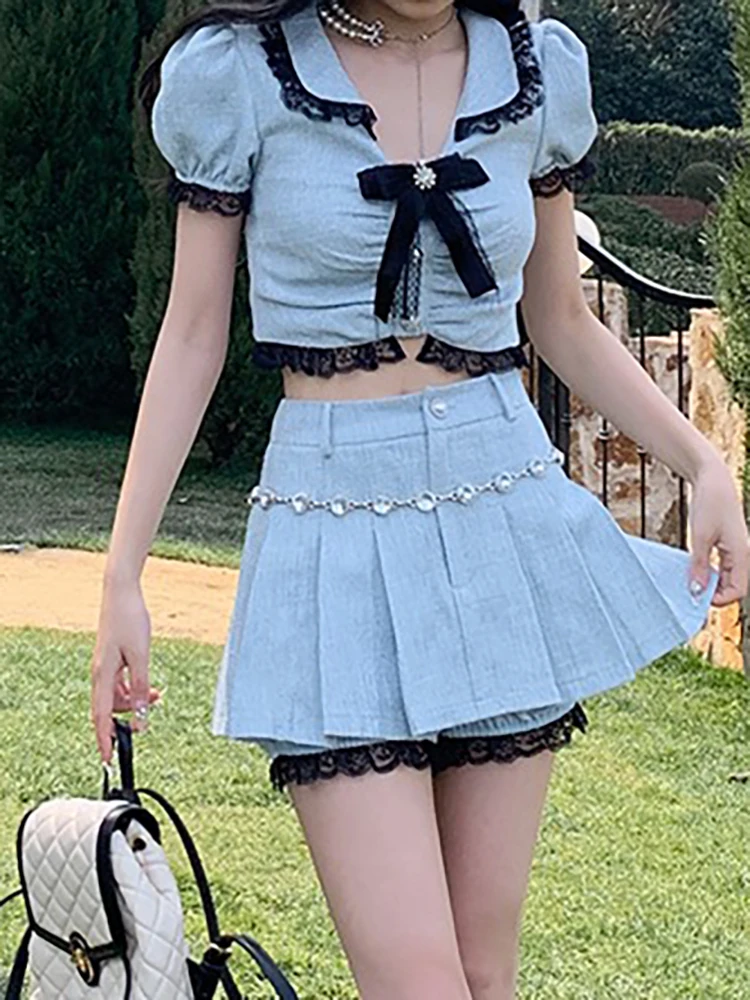 

2023 Summer New Korean Bow Lace Stitching Casual Short Sleeved T-shirt Women + High Waist Pleated A-line Skirt Two-piece Suit