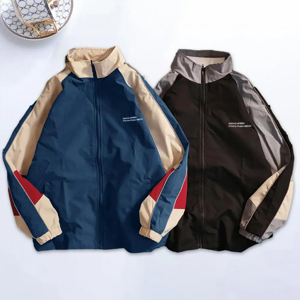 

Men Jacket Vintage Color Block Men's Jacket with Zipper Closure Stand Collar for Windproof Streetwear Style in Spring Fall Coat