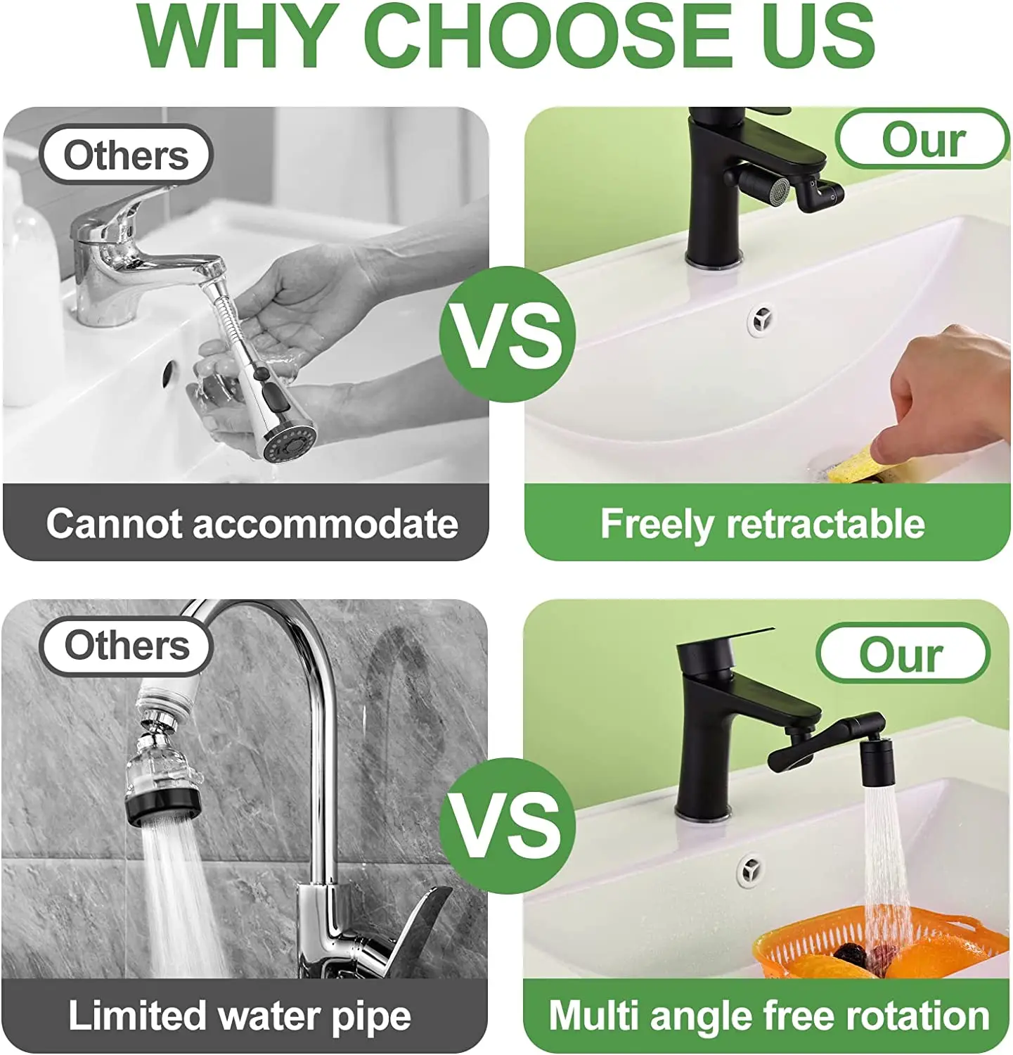 Universal 1440 Degree Rotatable Extension Faucet Sprayer Head 2 Modes Bathroom Tap Extend Adapter Aerator Faucet Extender Black 6