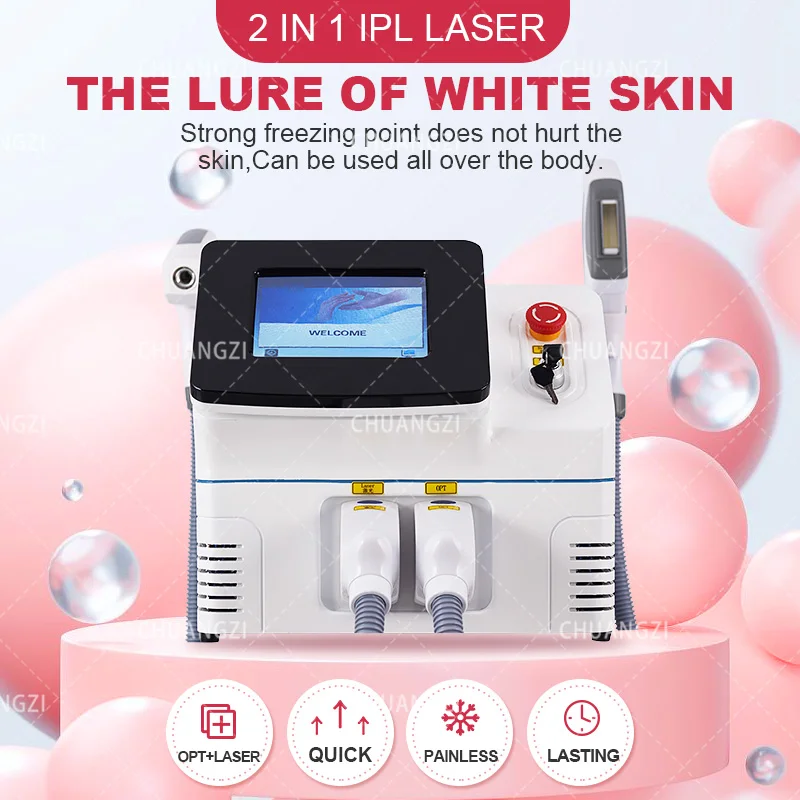 

Portable 2 in 1 OPT Radio Frequency ND YAG Tattoo Removal Machine and E-light IPL Carbon Peeling Hair Removal Machine