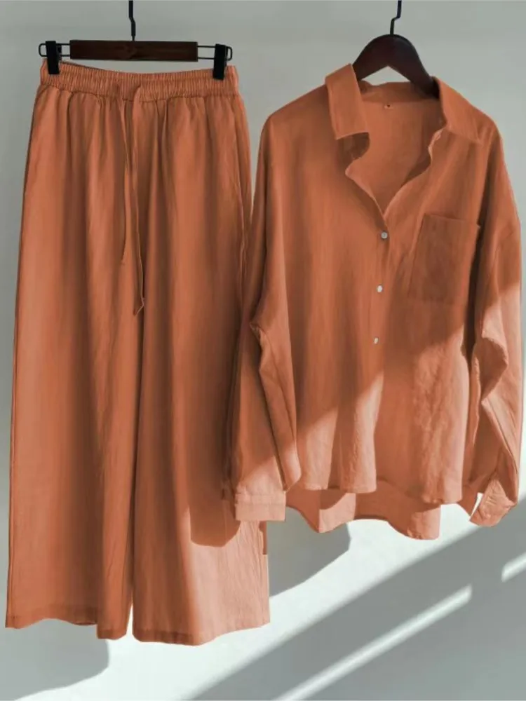 Fashion Button Long Sleeve Shirt + Pants Two Piece Sets Woman 2024 Spring Summer Cotton Linen Casual Home 2 Piece Set For Women