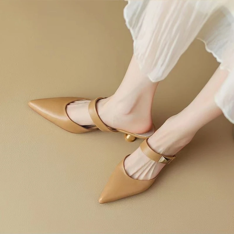 Women Kitten Heels Mules Golden Rivet Pointed Toe Summer Sandals Fashion Beige Ladies Casual Med Heels  Luxury Shoes 5