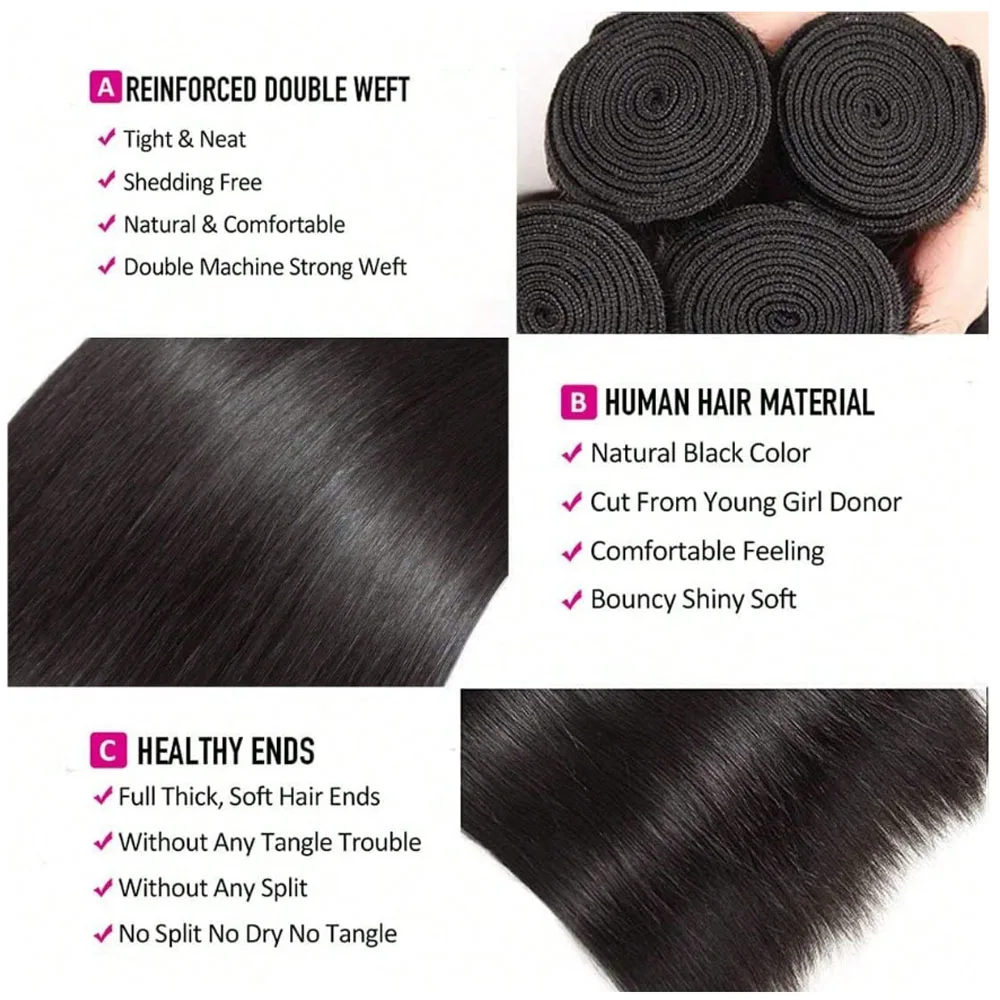 Human Hair 36 40 Inch Bone Straight Raw Hair Human Hair Bundles Extensions 1 3 4 Bundle Black Brazilian Remy Weave Bundles 2