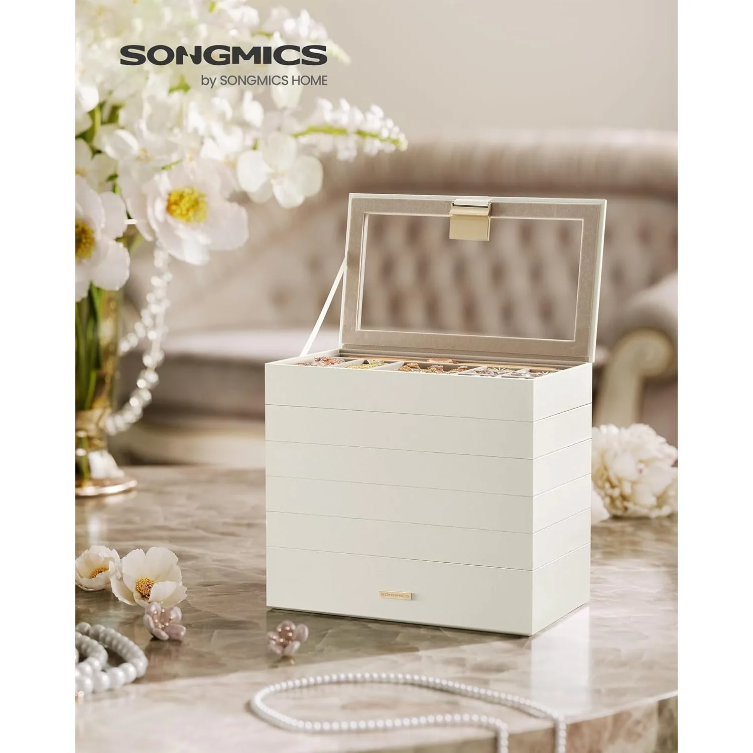 Stackable Jewelry Trays, 6-Tier Jewelry Box, Drawer Jewelry Organizer, with Glass Lid, Removable Dividers,6.7 x 11 x 10 Inches 2