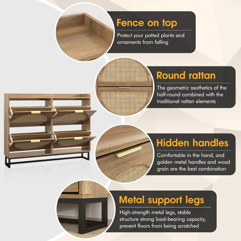 Rattan Shoe Storage Cabinet with 4 Flip Drawers, Freestanding Shoe Organizer with Metal Legs for Entryway, Rustic Oak Rattan 3