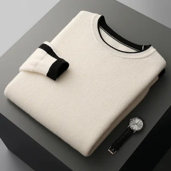 2025 Autunno/Inverno Nuovo 100% Lana Merino Maglia Maglione da Uomo O-Collo Allentato Color Block Cashmere Pullover Moda Spessa a Maniche Lunghe 1