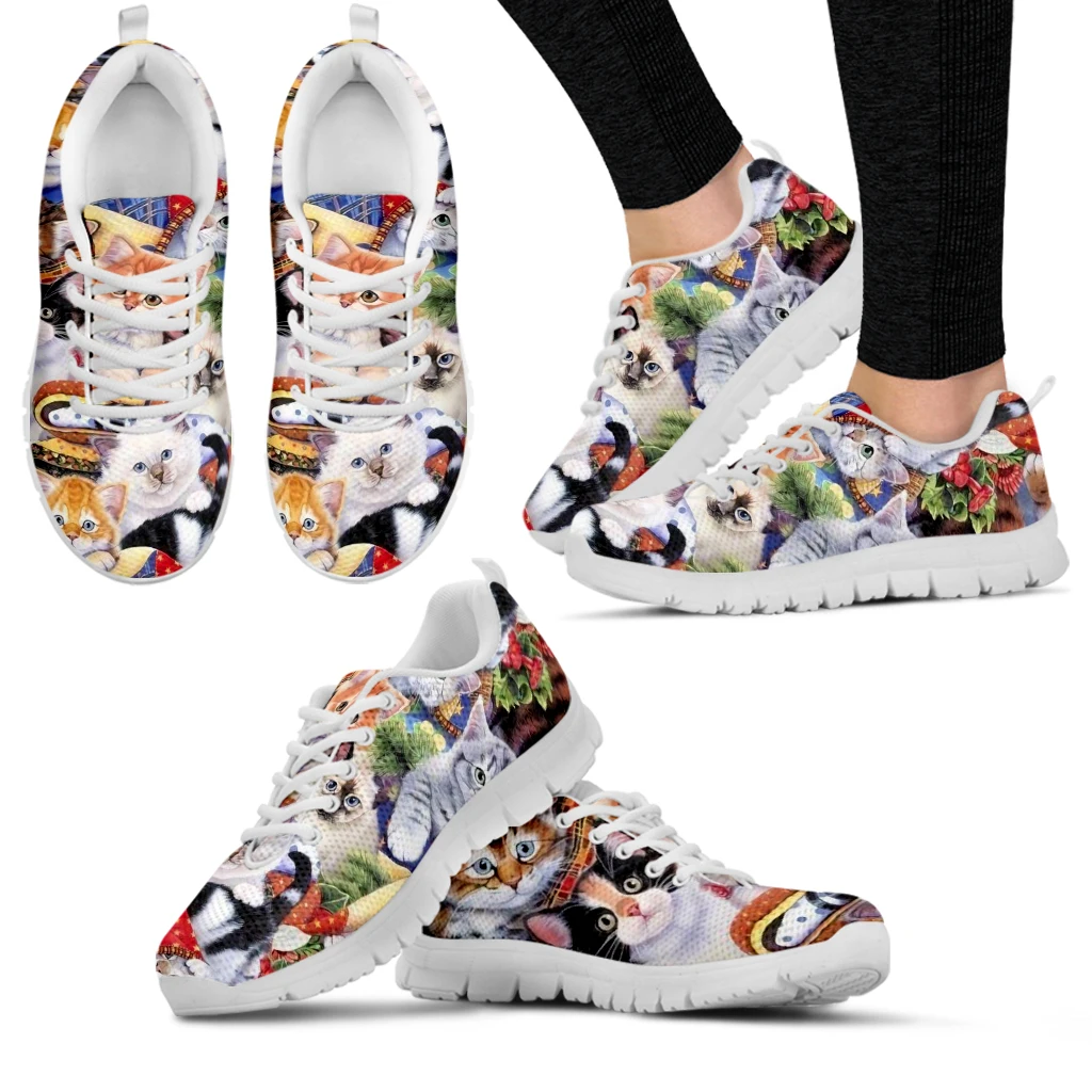 thumbnail image 1 of Zapatos con estampado de gato para mujer, zapatillas cómodas y transpirables de moda, regalo para amantes de los gatos, zapatos casuales blancos, 1 of 6