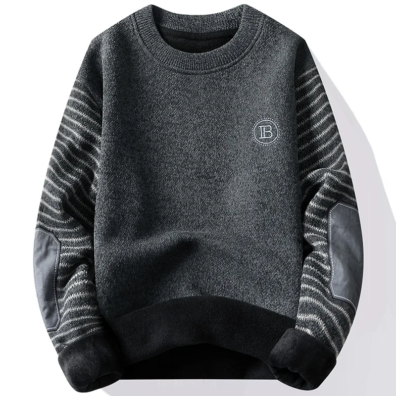 Basic Sweater Men Winter Fleece Lined Round Neck