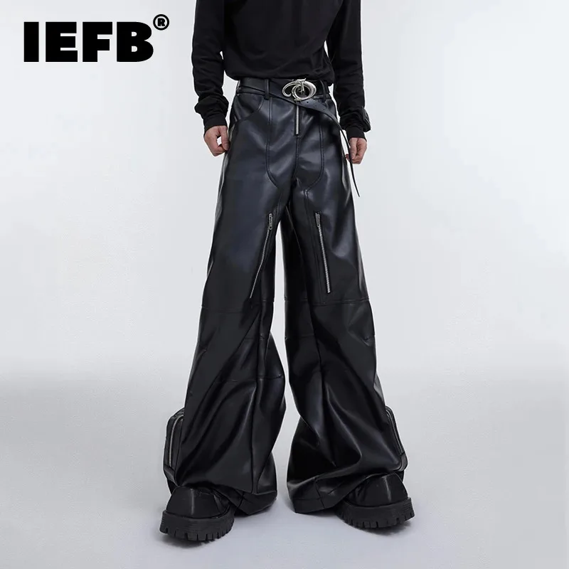 

IEFB Men's Trouser Niche Metal Zipper Design PU Leather Wide Leg Pants Large Pockets Spliced Streetwear Trend Autumn New 9C3067