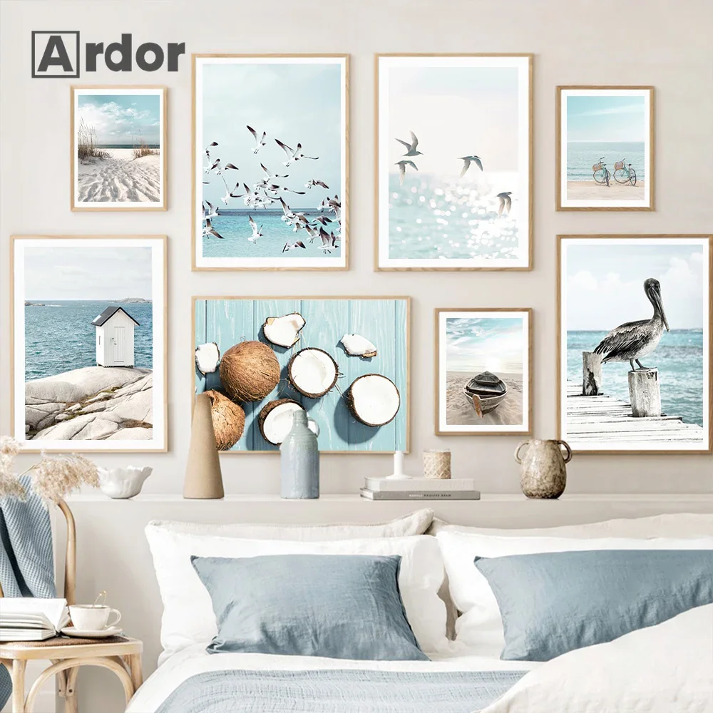 

Beige Scenery Wall Art Hay Reed Wall Poster Beach Bike Bridge Canvas Painting Coconut Starfish Nordic Pictures Living Room Decor