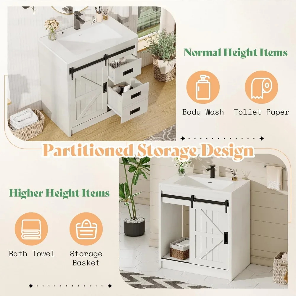 Bathroom Vanity with Sink Combo, 31in Sliding Barn Door Bathroom Vanity Cabinet with Storage Drawers, Bath Storage Vanity Sink 4