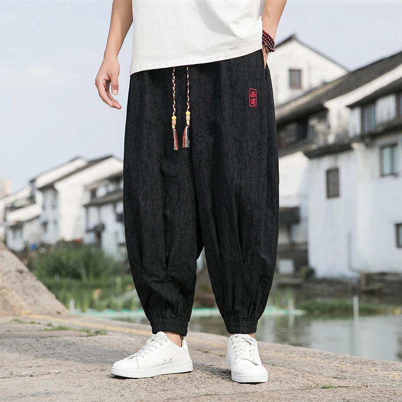 

Men's Chinese Style Embroidery Vintage Jacquard Harlan Nine-quarter Pants Summer New Linen Bloomers Cotton Hemp Ankle Pants