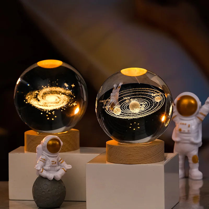 Crystal Ball 3D Glass Ornaments Solar System Moon Luminous Wooden Base Home Decoration Night Light