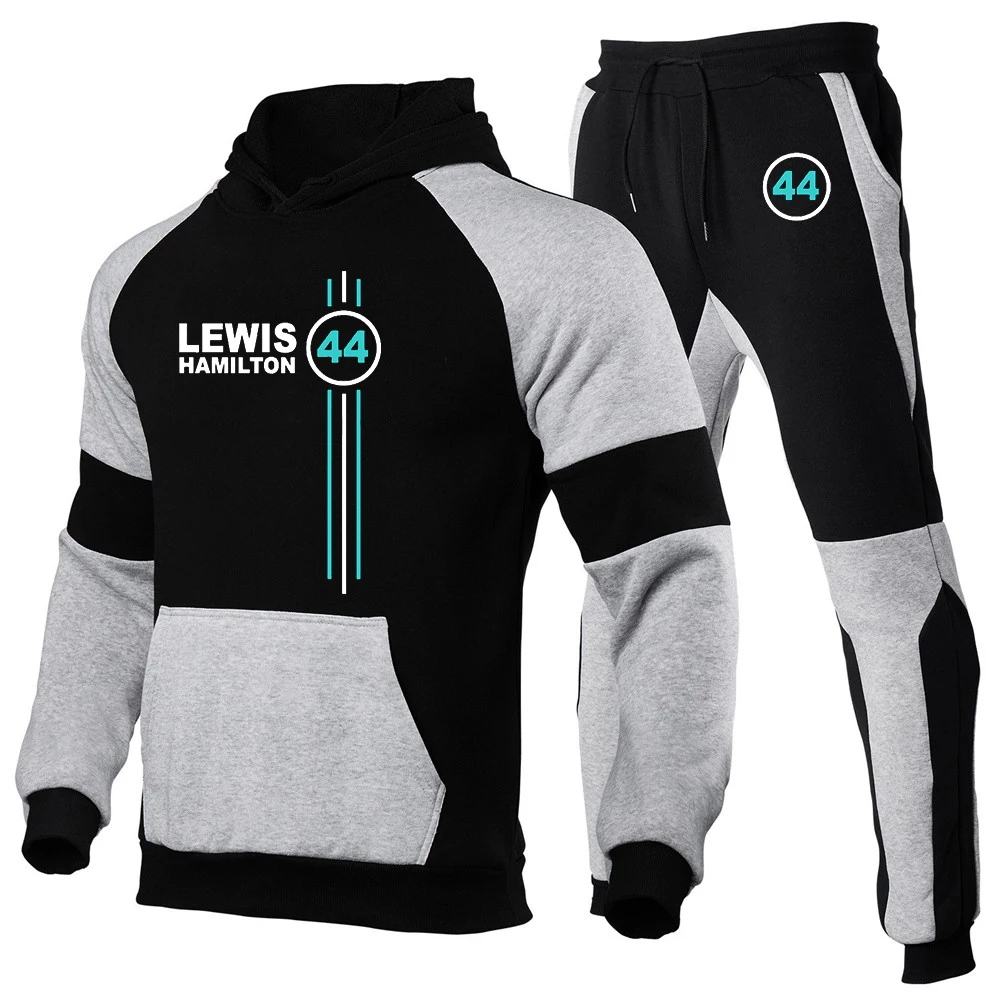 

F1 driver lewis hamilton digital 44 new printed splicing hoodie+sweatpants two-piece suit