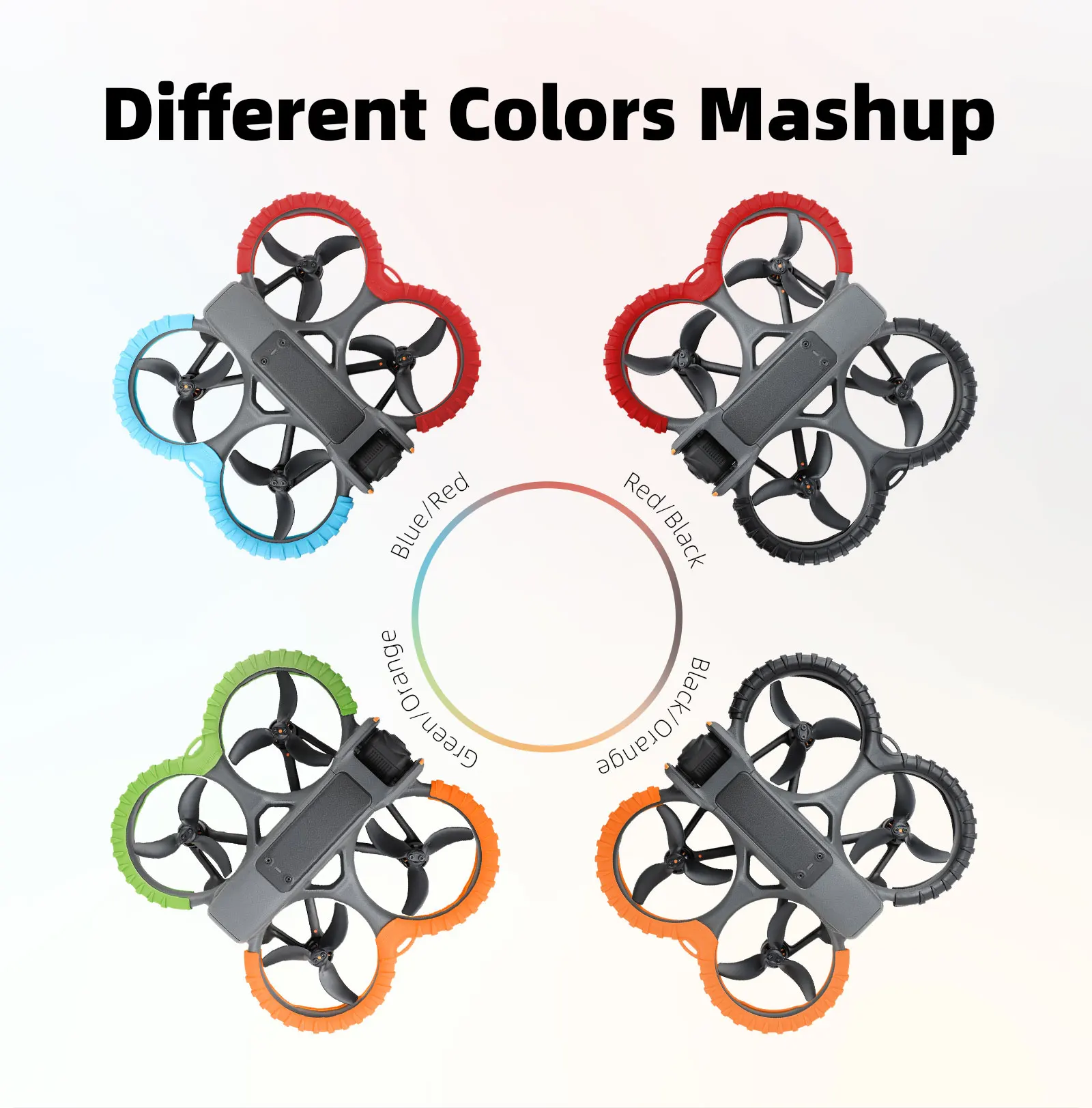 Lot de six drones professionnels avec caméra HD dans différentes couleurs, alignés sur une surface.