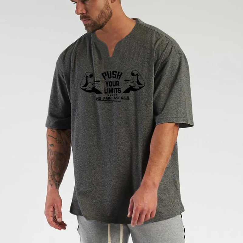 

New Mens Workout Running Oversize V-Neck Short Sleeve Tshirt Summer Gym Casual Fitness Cotton Bodybuilding Muscle T-shirt
