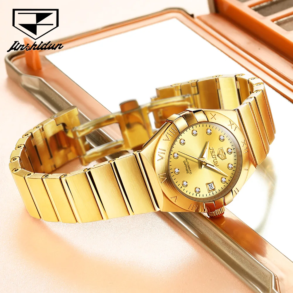 

JSDUN Fully Automatic Mechanical Watches Fashion Women's Gold Bracelet Luxury Sapphire Diamond Mirror Waterproof Date Watch Gift