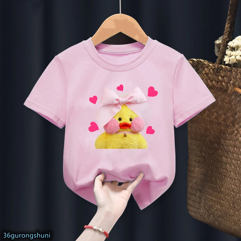 

T-Shirt For Boys/Girls Cute Lalafanfan Plush Toy For Kids Birthday Clothing T Shirt Kawaii Girls Pink Short Sleeve Tshirts Tops