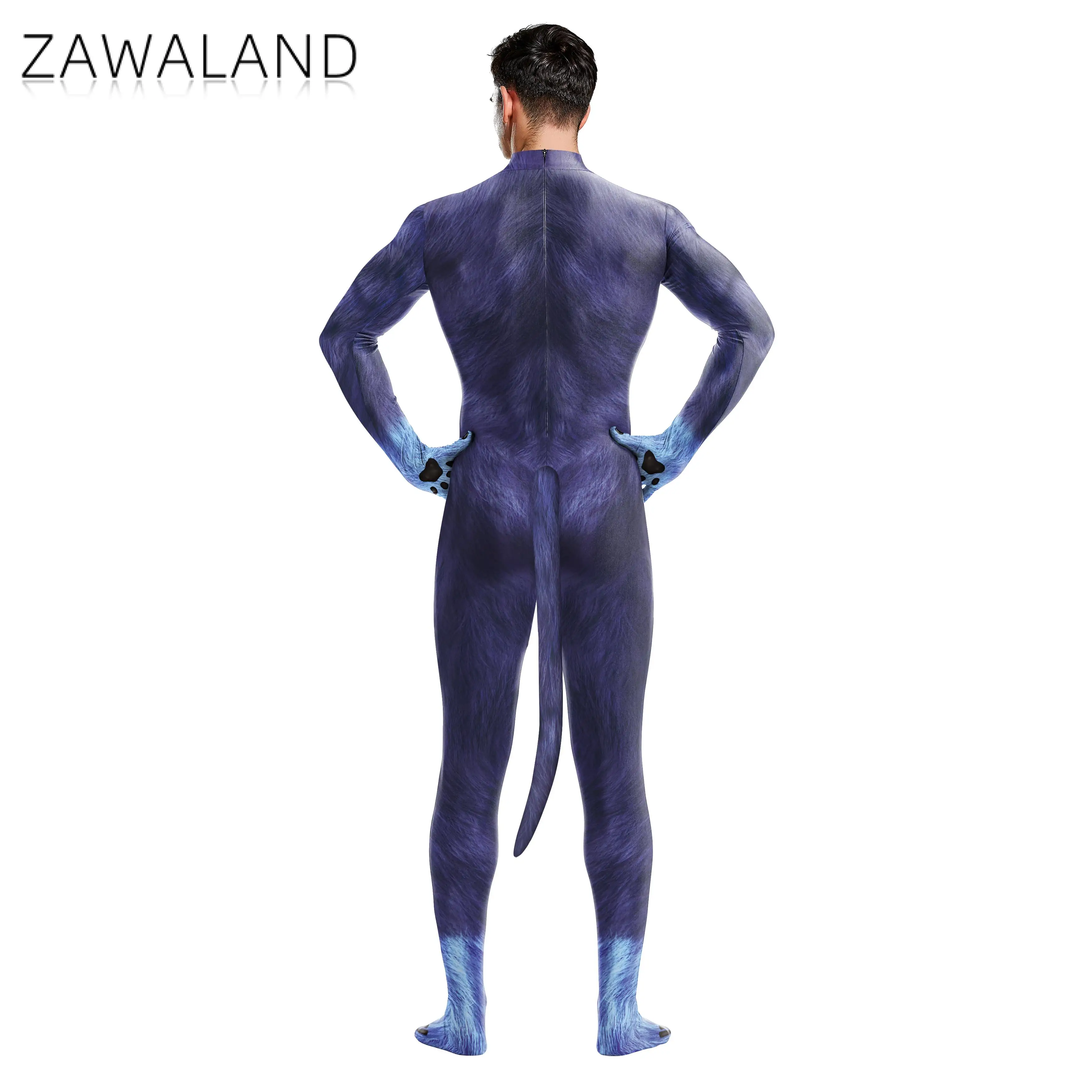 Zawaland Dog Blue Petsuit Puppy Cosplay Costume Men Holiday Party Clothes Full Cover Crotch Zipper Jumpsuit Carnival Zentai Suit