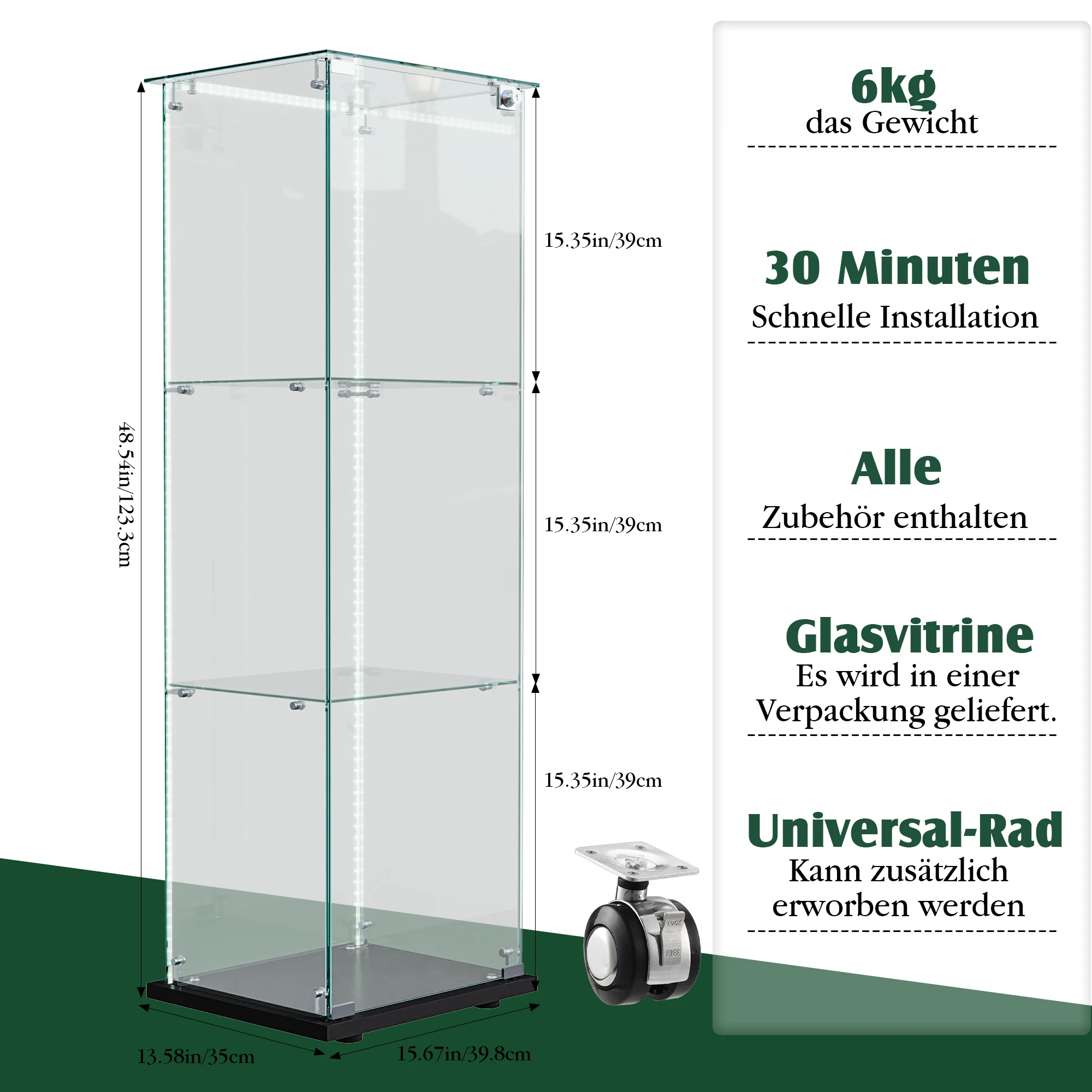 Creahappy Display Cabinet - Single-Door Three-Tier Glass Display Cabinet with LED Light Strip - Black Base Plate
