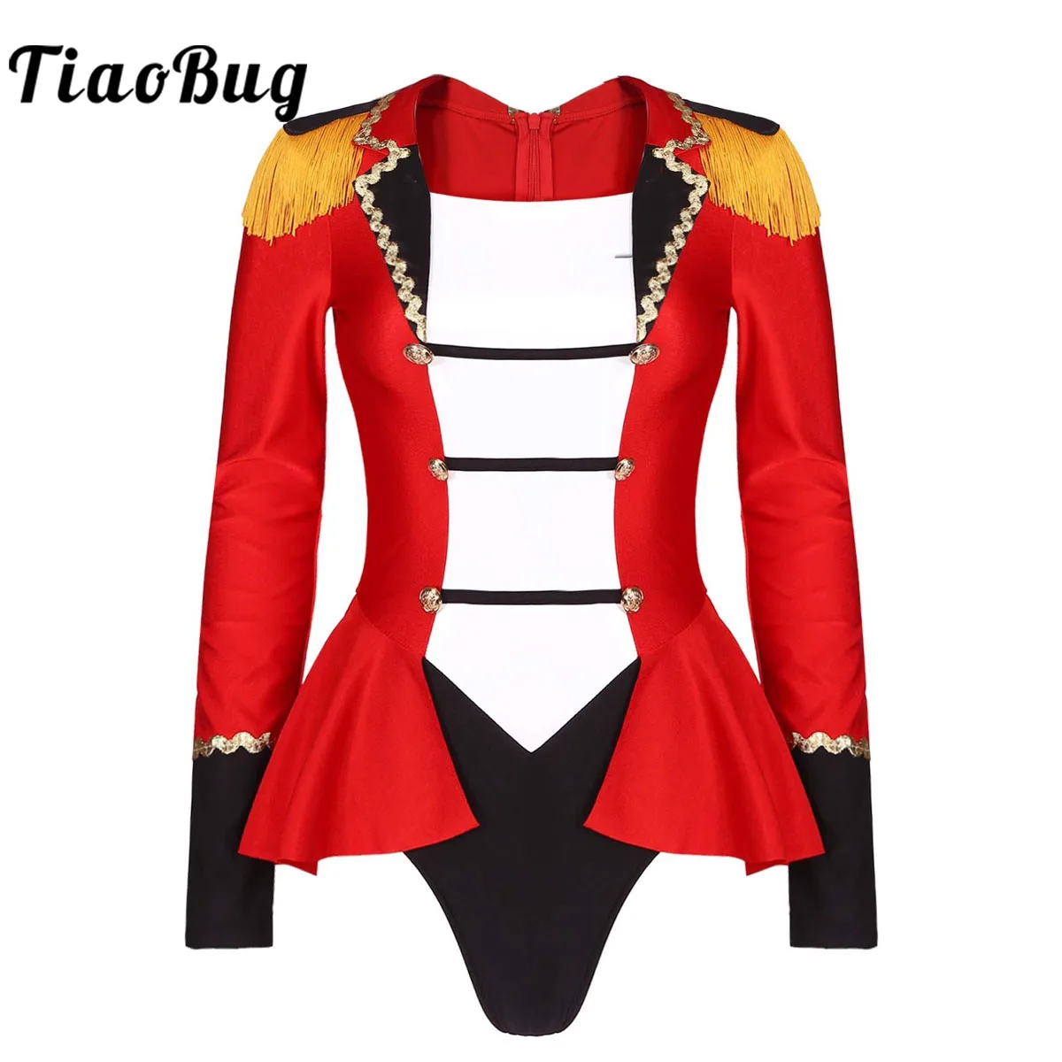 

Womens Bodysuit Sexy Circus Ringmaster Cosplay Show Costume Long Sleeve Xmas Carnival Halloween Leotard Showman Jumpsuit