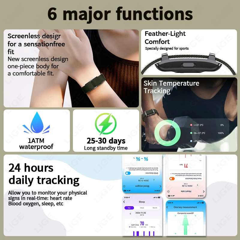 LIGE New Fitness Tracker Bracelet Thermometer Heart Rate Health Monitoring Call Reminder Smart Watch Sports Band For Men Women