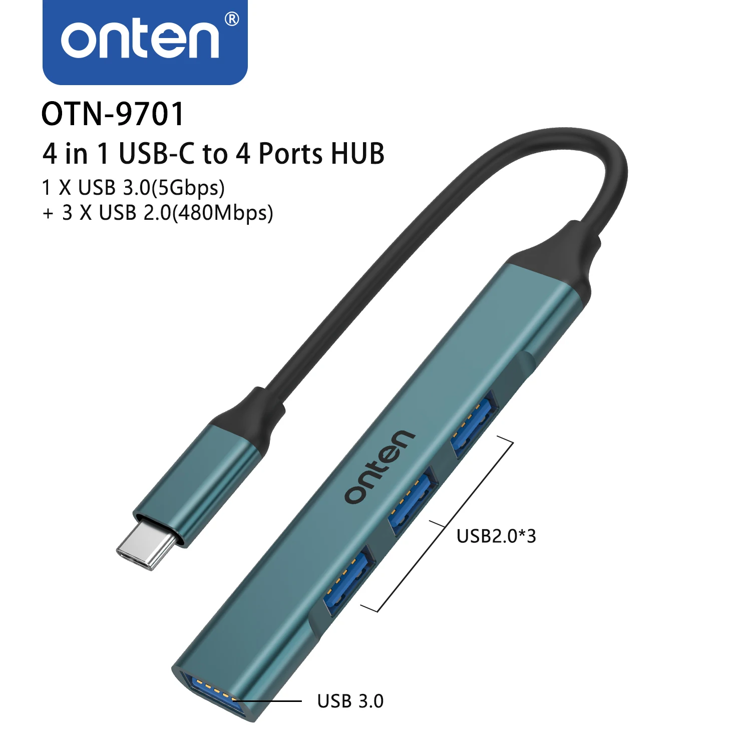 ONTEN Type C HUB 4-in-1 USB to USB 3.0 HUB Splitter Expansion Docking Station Aluminum OTG Adapter Computer Accessories 5