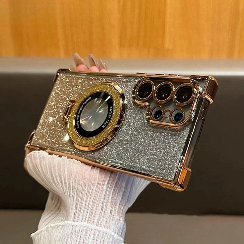 Luxury Glitter Gradient Bracket Case For Samsung Galaxy S25 FE Edge S24 S23 S22 Plus Ultra A17 07 56 36 16 Plating Durable Cover