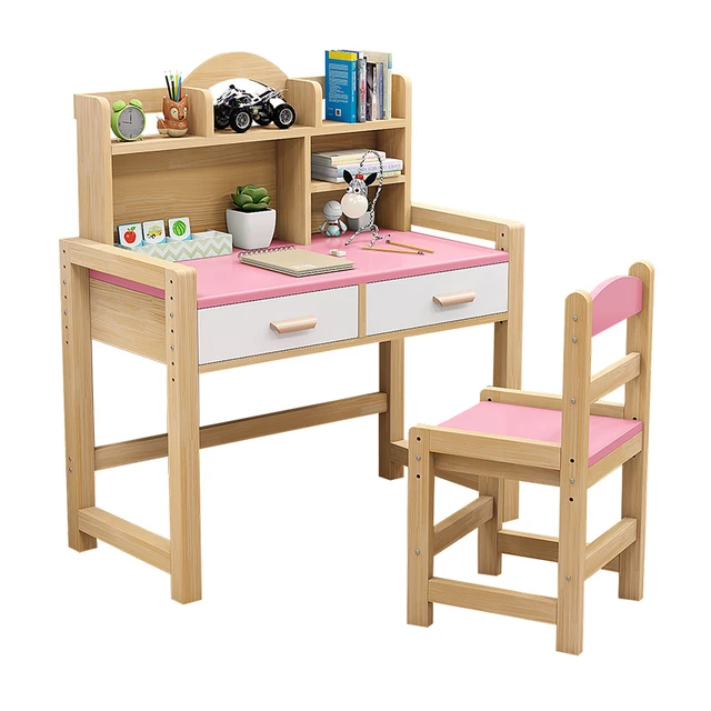 Ensemble de bureau en bois massif pour enfants, chaise avec bibliothèque  intégrée, Table d'étude réglable, bureau d'ordinateur nordique - AliExpress