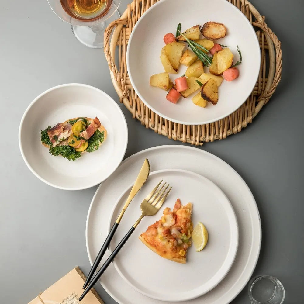 ARORA SKUGGA Round Stoneware 16pc Double Bowl Dinnerware Set for 4, Dinner and Side Plates, Cereal and Pasta Bowls-Matte White