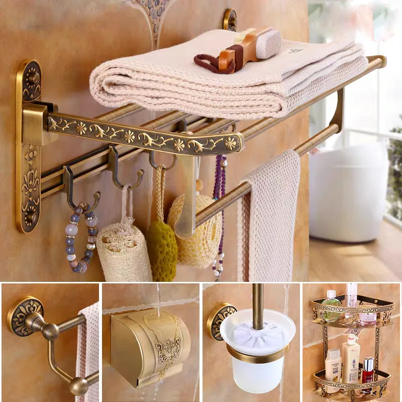 Tuqiu Bathroom Accessories Antique Bathroom Shelf  Aluminum Bath Hardware Towel Rack,Paper holder Toilet Brush Holder,hooks