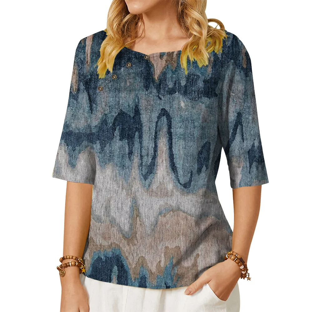 

CLOOCL Women T-shirt Retro Pattern 3D Printed Tees Button Decorate Middle Sleeve Crew Neck Tees Summer Vintage Women Tops