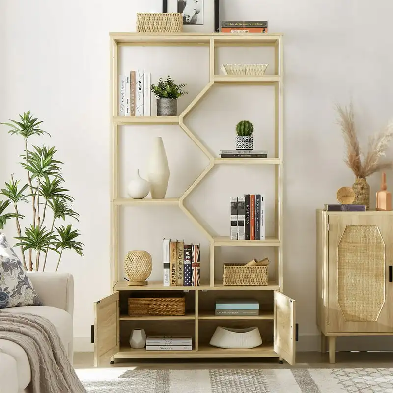 

5-Tiers Storage Bookcases with Doors, Natural