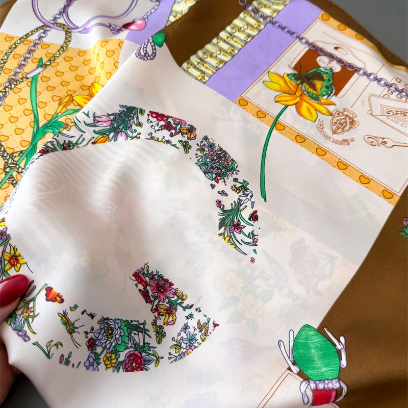 Neue Seide Quadrat Schal Frauen Luxus Floral Print Kopftuch Weiche Satin Haarband Hände Tasche Band Foulard Hijab Halstuch Stirnband – Detail 3