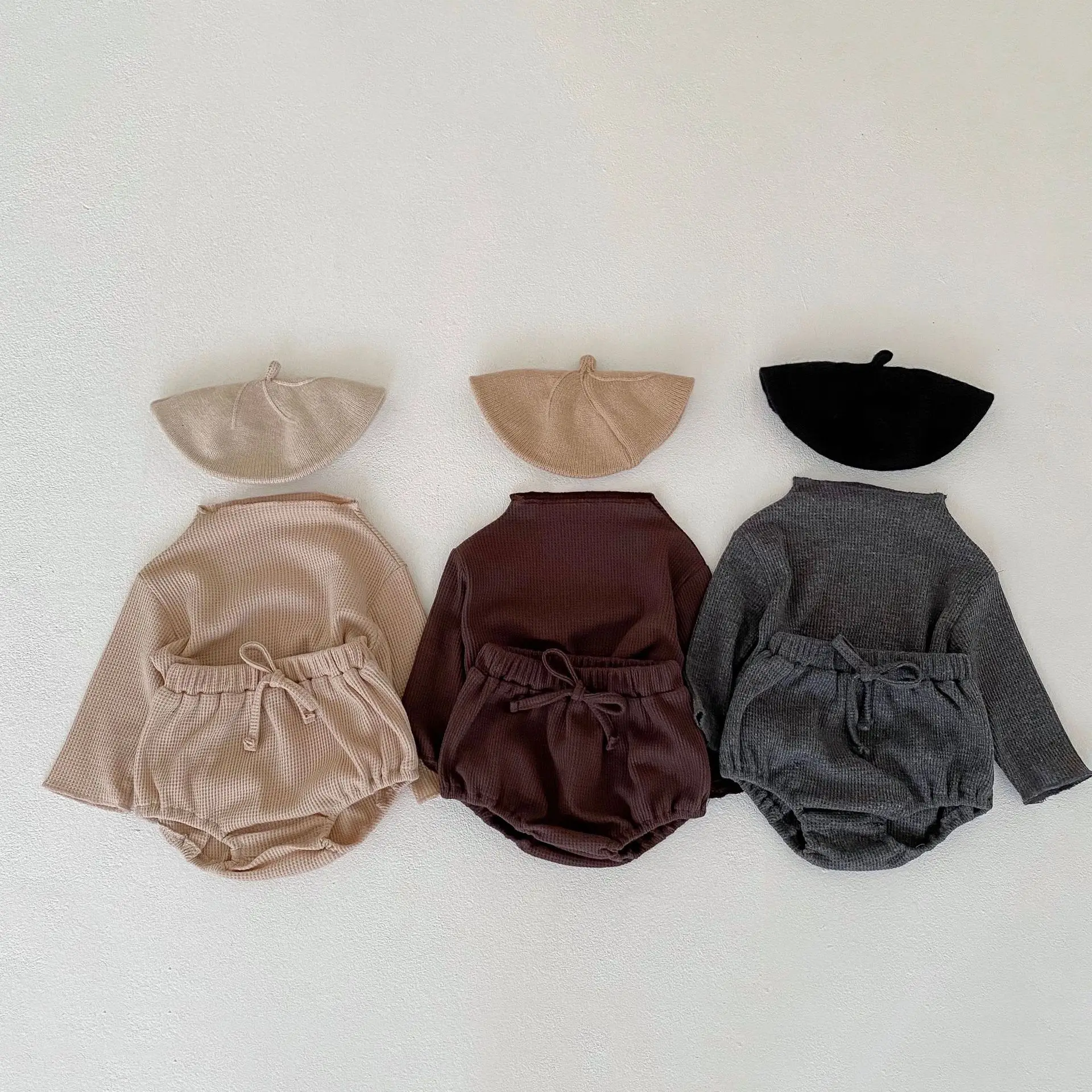 

Baby Girls Boys Waffle Long-Sleeved Tops+Drawstring Bloomer Shorts(Diaper Covers) Toddler Cotton Outfit Clothing Sets 0-36Months