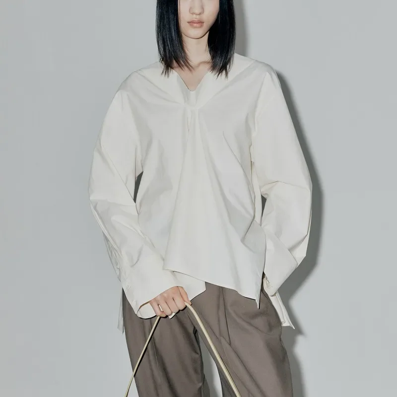 

LC@ Cotton Shirt Women's 2024 Summer Leisure Commuting Irregular Design Loose Long Sleeved Pullover Top
