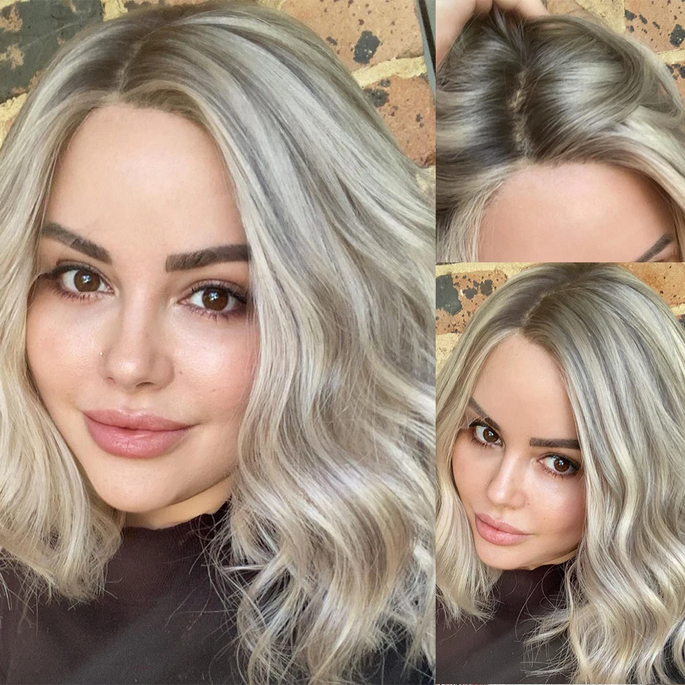 

FENJUN HD Transparent Invisible Lace Bob Wig 13x4 Lace Frontal Wigs Ashy Blonde Grey Highlights Short Wavy Remy Human Hair 150%